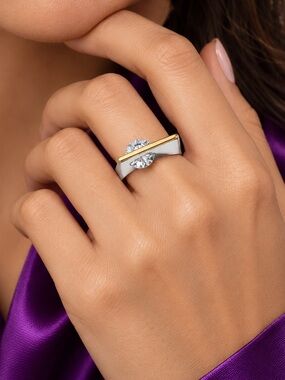 💜 Two Tone Geometric CZ Statement Ring Silver Gold | Size 7 | New